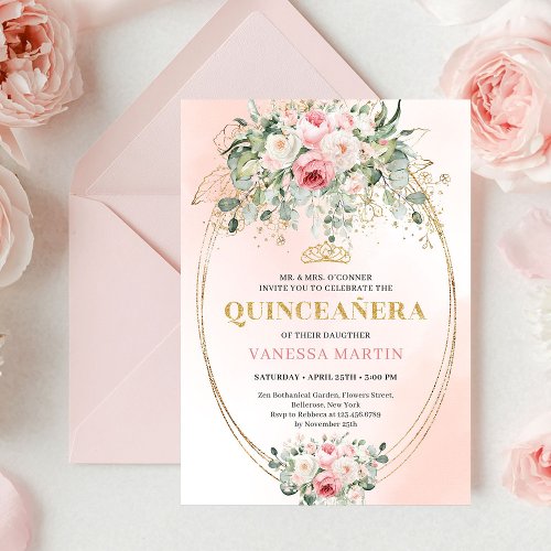 Romantic Pale Pink Rose Gold Quinceañera Card