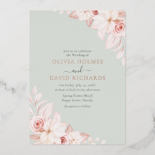Romantic Pale Pink Roses Wedding Invitation Foil Invitation (Front)