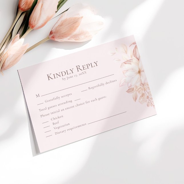 Romantic Pale Pink Roses Wedding RSVP Card (Romantic Pale Pink Roses Wedding RSVP Card on a sunny table with pale pink flowers.)