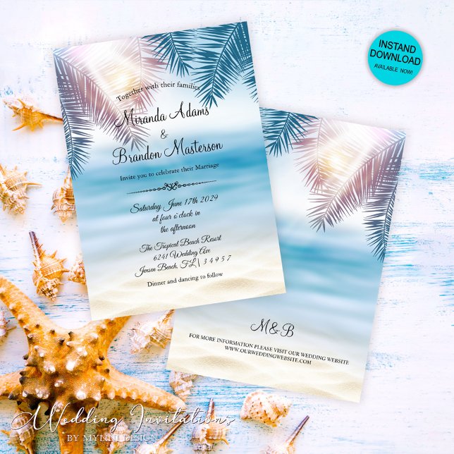 Romantic Palm Tree Tropical Island Beach Wedding Invitation (Creator Uploaded)