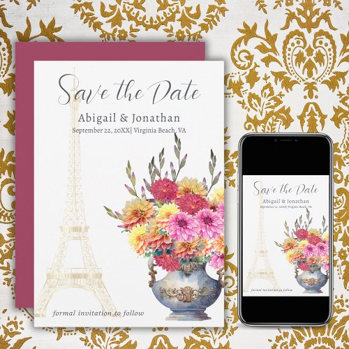 Romantic Paris Eiffel Tower Dahlia Magenta Wedding Save The Date