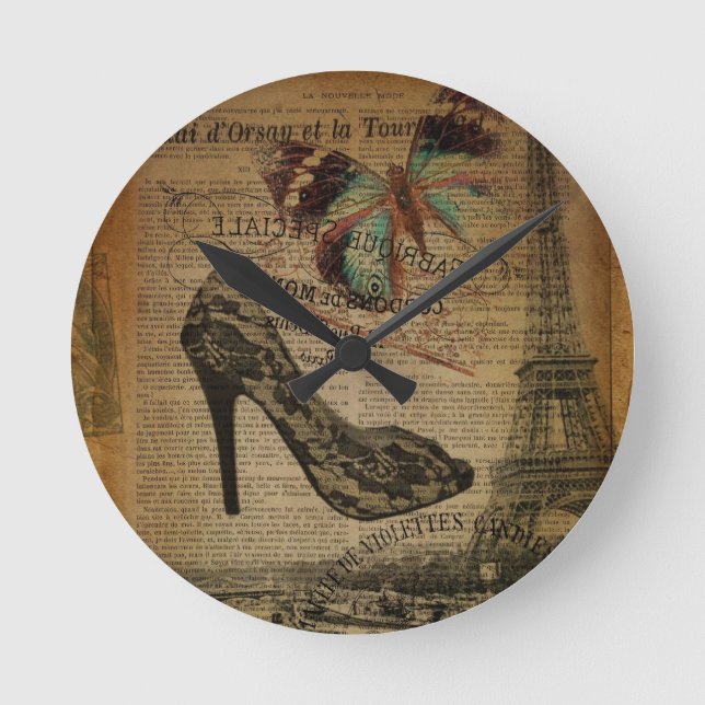 romantic Paris eiffel tower girly lace stiletto Round Clock (Front)