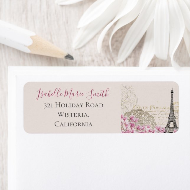 Romantic Paris Eiffel Tower Pink Blossoms Address Label (Insitu)
