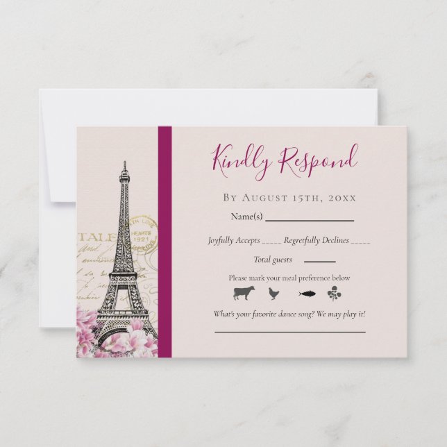 Romantic Paris Eiffel Tower Pink Blossoms Burgundy RSVP Card (Front)