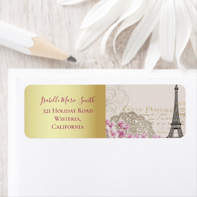 Romantic Paris Eiffel Tower Pink Blossoms Gold Label (Insitu)
