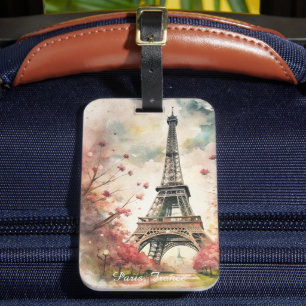Romantic Paris Eiffel Tower Watercolor Floral Luggage Tag