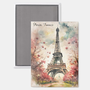 Romantic Paris Eiffel Tower Watercolor Floral Magnet