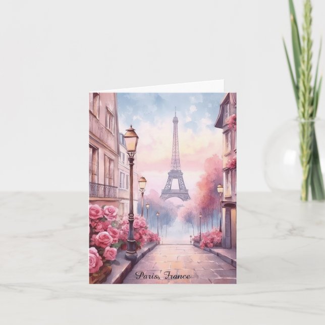 Romantic Paris France – Eiffel Tower Floral Card (Front)