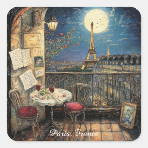 Romantic Paris France Eiffel Tower Illustration Square Sticker