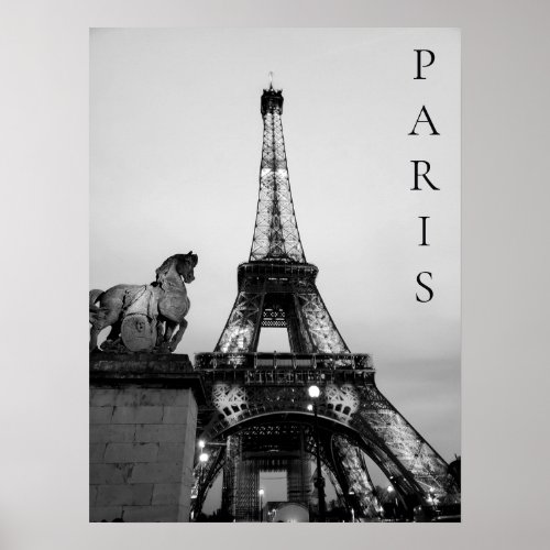 Romantic Paris Lit Up Eiffel Tower Black White Poster