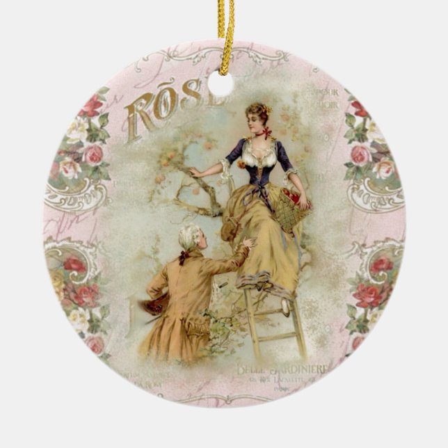 Romantic Paris Lovers pink shabbychic Ceramic Ornament (Front)
