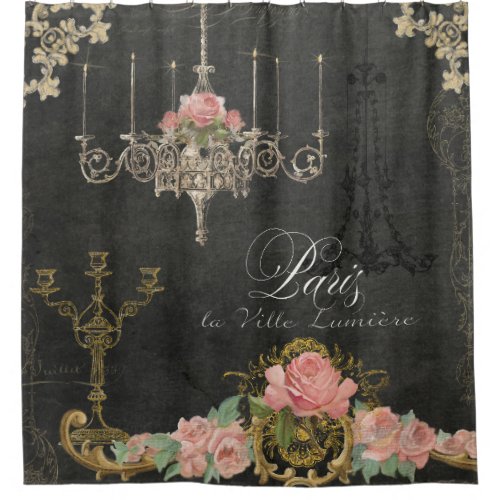 Romantic Paris Parisian Rose Chandelier Chalkboard Shower Curtain