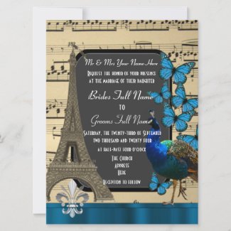 Romantic Paris, peacock and butterflies wedding Invitation