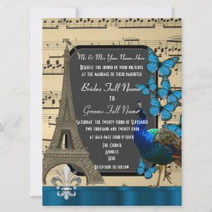 Romantic Paris, peacock and butterflies wedding Invitation