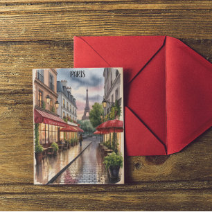 Romantic Paris Street Eiffel Tower Watercolor Postcard