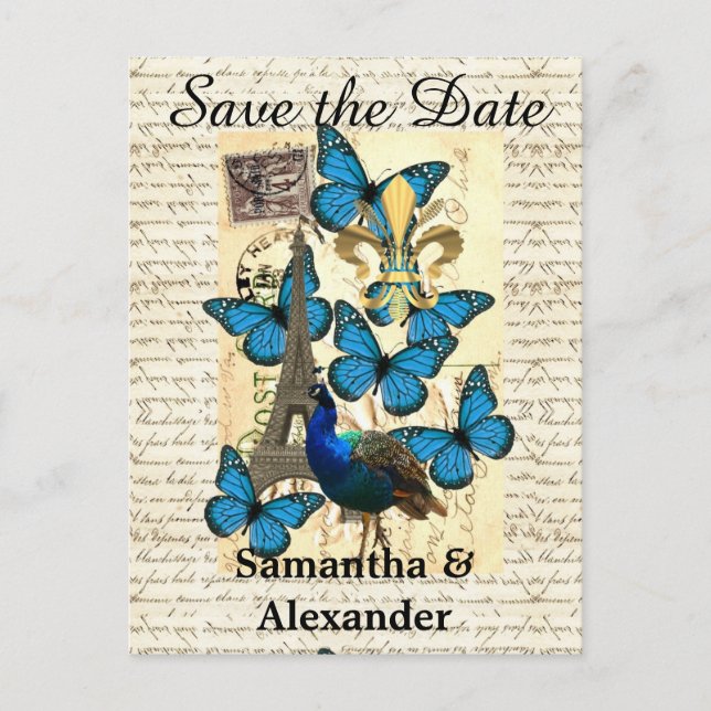 Romantic Paris themed save the date Announcement Postcard (Front)
