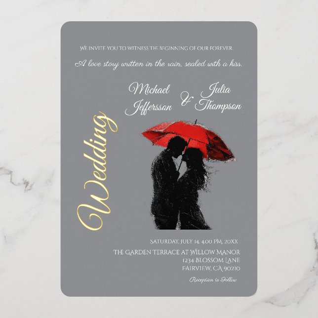  Romantic Parisian Red Umbrella  Love Silhouette Foil Invitation (Front)