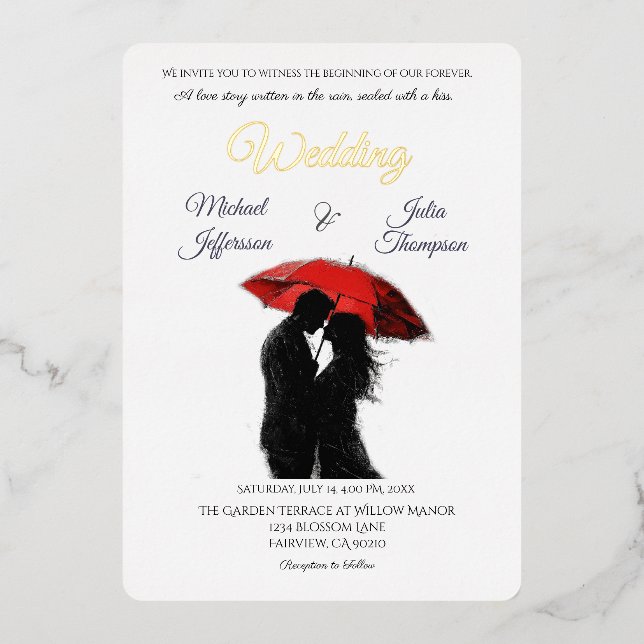  Romantic Parisian Red Umbrella  Love Silhouette Foil Invitation (Front)