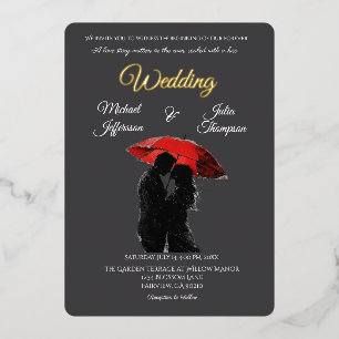 Romantic Parisian Red Umbrella Love Silhouette Foil Invitation