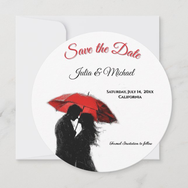  Romantic Parisian Red Umbrella  Love Silhouette Save The Date (Front)