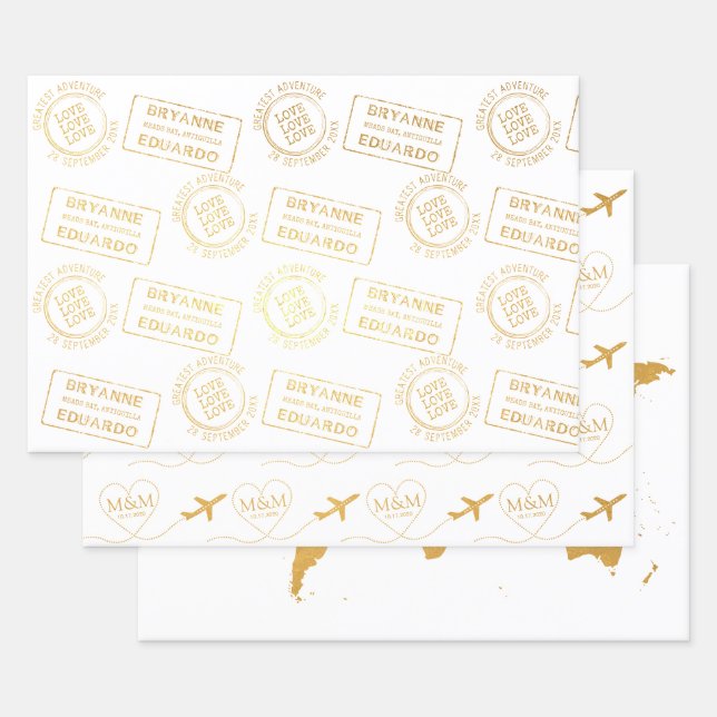 Romantic Passport Stamp Airplane Travel Wedding Foil Wrapping Paper Sheets (Set)