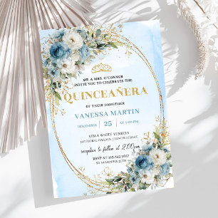 Romantic Pastel Blue Gold Eucalyptus Quince 15 Invitation