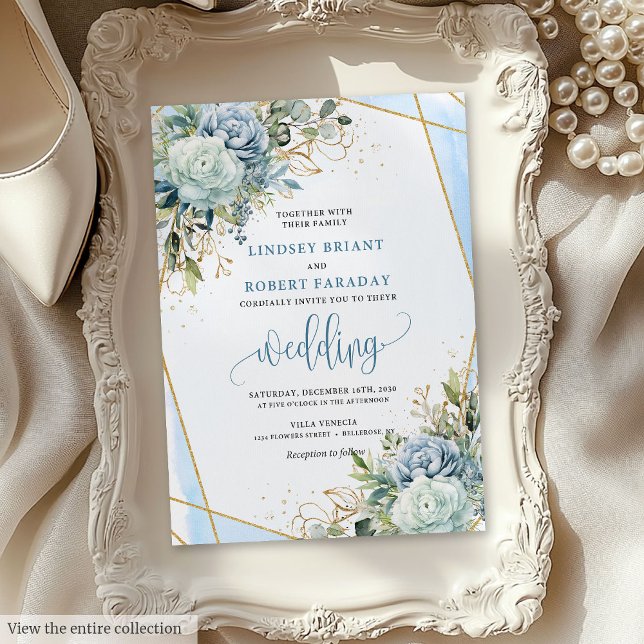 Romantic Pastel Blue Gold Flowers Wedding Invite (Romantic Pastel Blue Gold Flowers Wedding Invite)