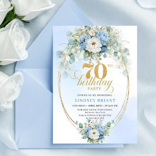 Romantic Pastel Blue Peonies 70th Birthday Invite
