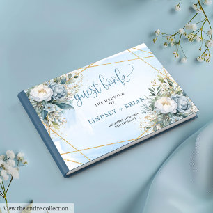 Romantic Pastel Blue White Peonies Gold Guest Book