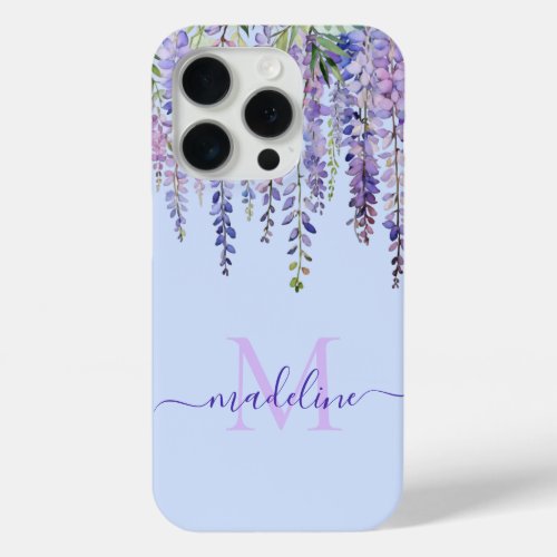 Romantic Pastel Blue Wisteria Monogram Script Name iPhone 15 Pro Case