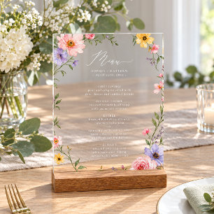 Romantic Pastel Floral Watercolor Wedding Menu Acrylic Sign