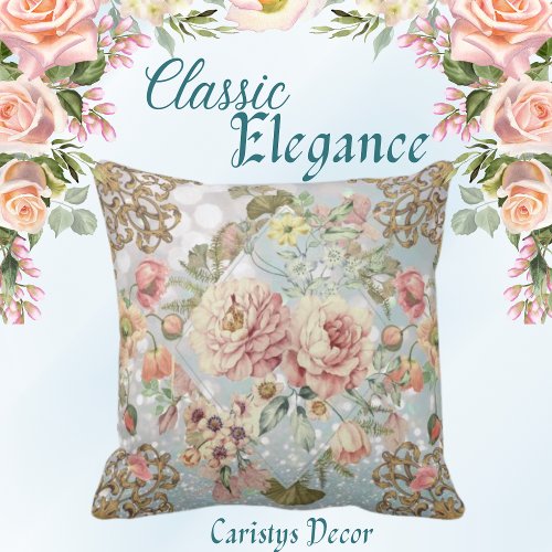 Romantic Pastel Florals Blues Throw Pillow