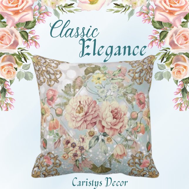 Romantic Pastel Florals Blues Throw Pillow (Creator Uploaded)