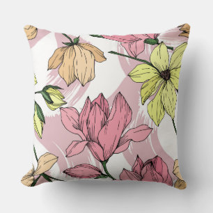 Romantic pastel Magnolia pink painting and yellow Throw Pillow