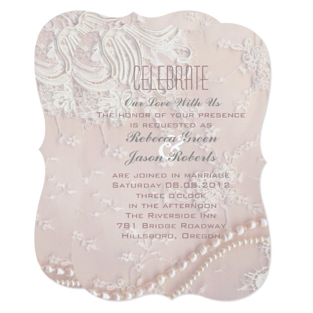 Romantic Pastel Pearl Lace Dusty Pink Wedding Invitation