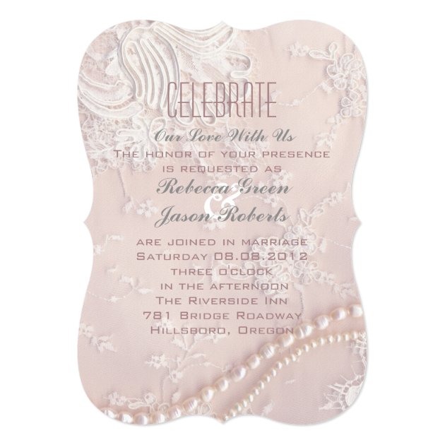 Romantic Pastel Pearl Lace Dusty Pink Wedding Invitation