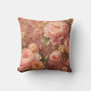 Romantic Pastel Pink Peonies & Roses Botanical Throw Pillow