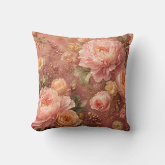 Romantic Pastel Pink Peonies & Roses Botanical  Throw Pillow