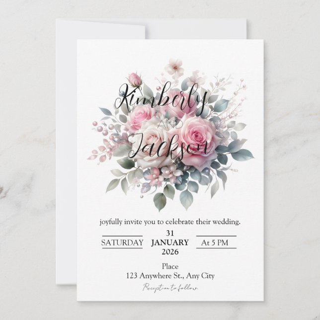 Romantic Pastel Pink Rose Floral Invitation (Front)