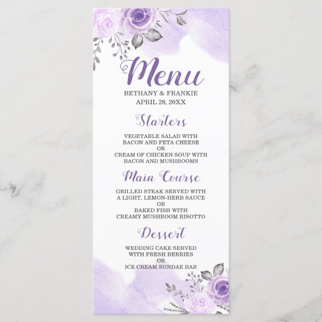 Romantic Pastel Purple Floral Chic Wedding Menu
