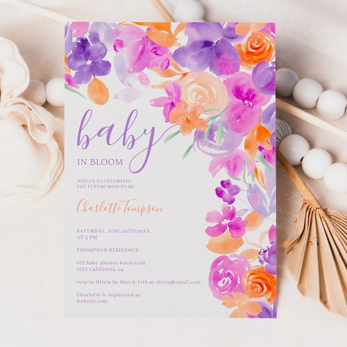 Romantic pastel purple orange floral baby shower invitation