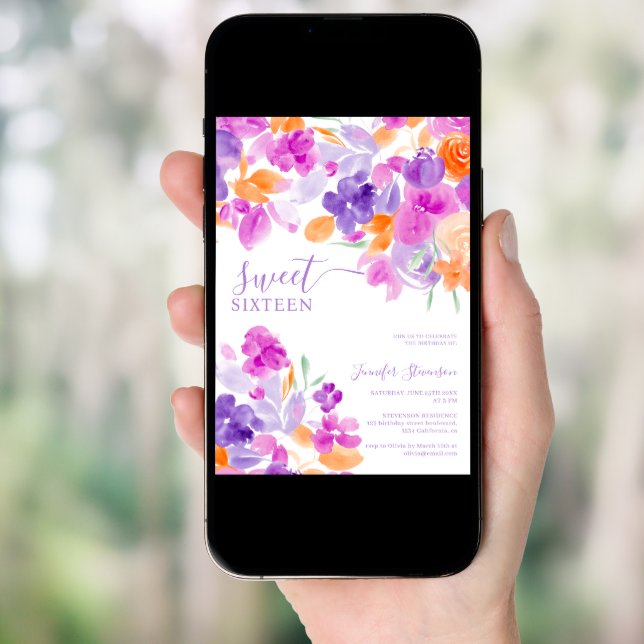 Romantic pastel purple orange floral Sweet 16 Invitation (Front Digital)