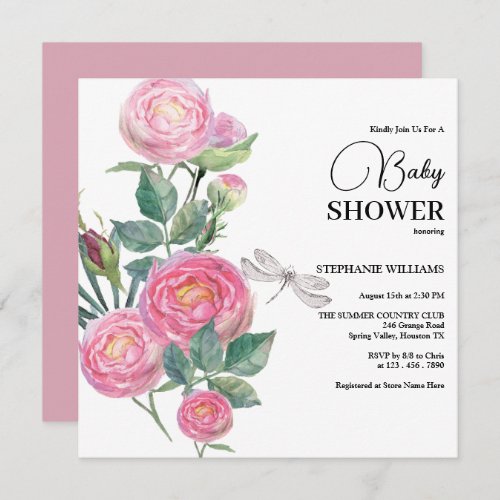 Romantic Pastel Roses  Dragonfly Baby Shower Invitation