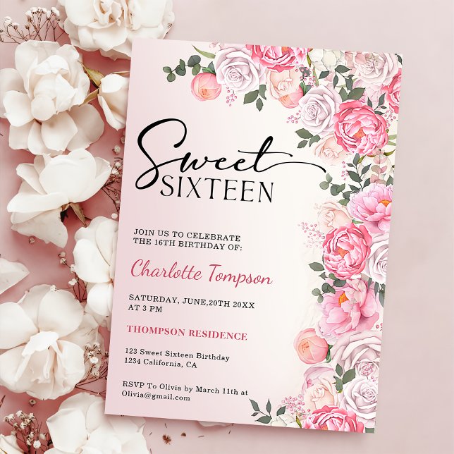 Romantic Pastel Roses Floral Sweet 16 Birthday  Invitation (Creator Uploaded)