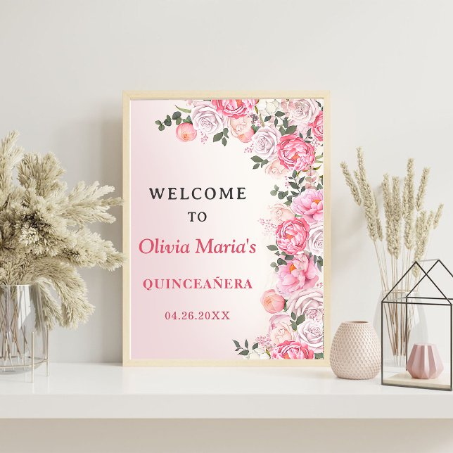 Romantic Pastel Roses Floral Sweet 16 Welcome Sign (Creator Uploaded)