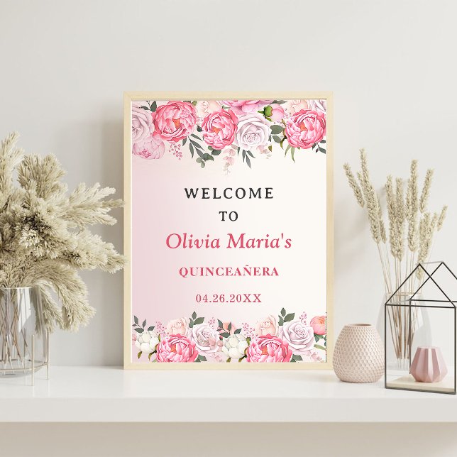 Romantic Pastel Roses Floral Sweet 16 Welcome Sign (Creator Uploaded)