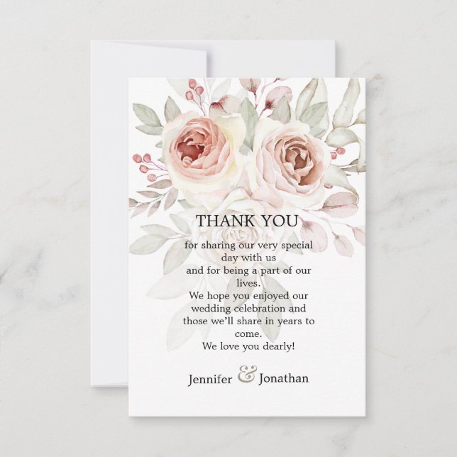 Romantic Pastel Watercolor Rose Wedding Thank You (Front)