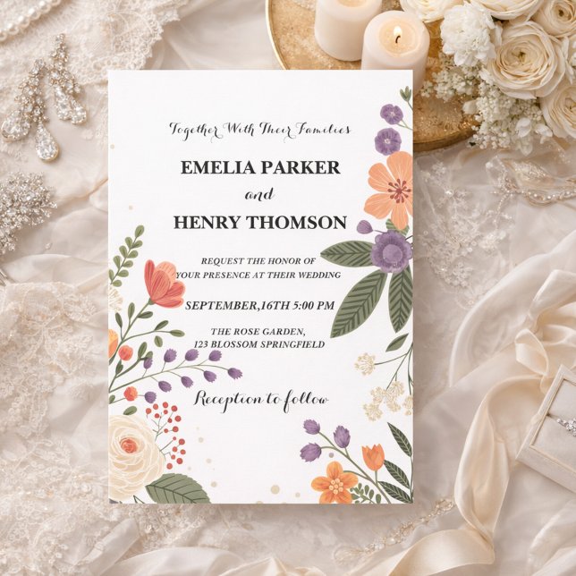 Romantic Pastel Wild Flowers Boho Elegant Wedding Invitation (Creator Uploaded)