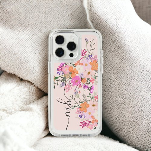 Romantic pastel wild flowers monogram iPhone 15 pro max case