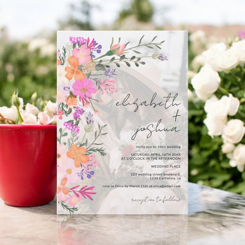 Romantic pastel wild flowers photo wedding invitation